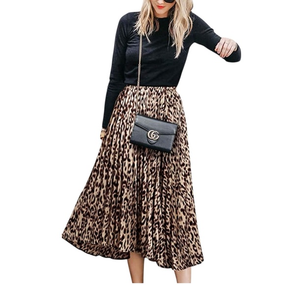 Leopard Print Pleated A-Line Midi Skirt High Waisted Shirred Waistband Medium - Picture 1 of 11